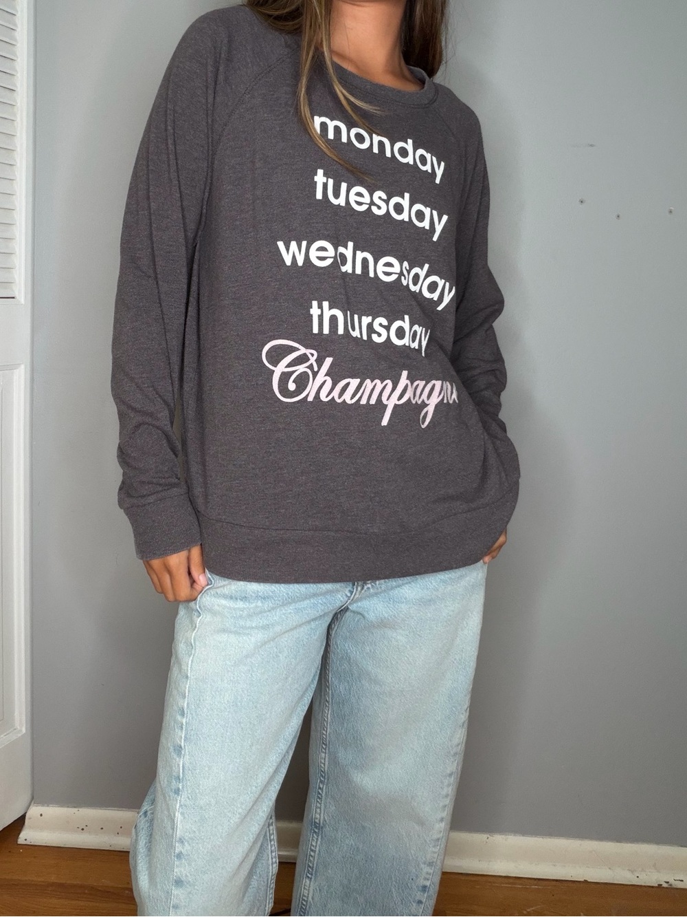 Junk Food Clothing Gray Crewneck Sweater with Pink Script